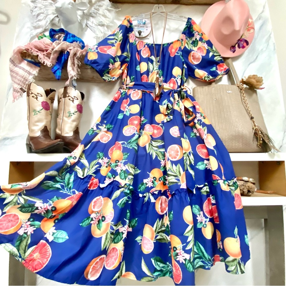 BloomChic Blue Floral Citrus Midi Dress - Picture 8 of 14